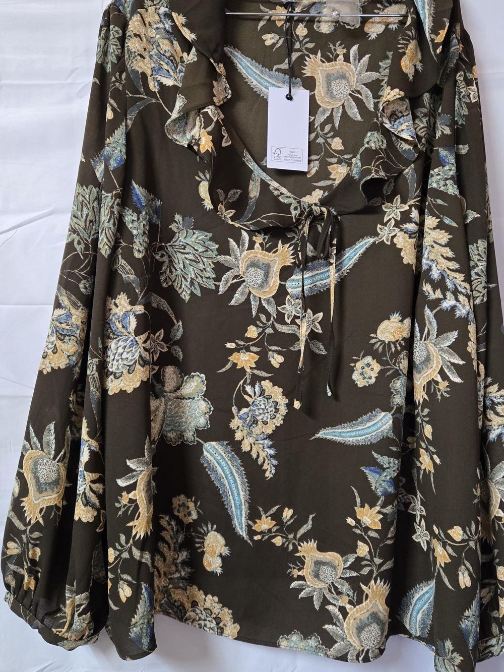 Rose & Olive Olive Floral Ruffle Tie-Neck Blouse with Blue and Cream Accents